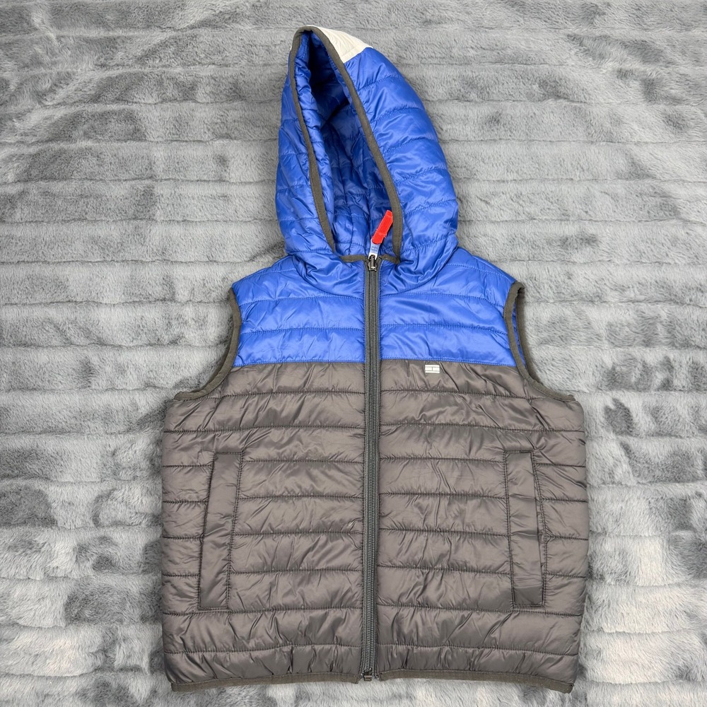 Tommy Hilfiger Sport Kids Reversible Puffer Vest Blue Grey Logo Hooded XS 13863